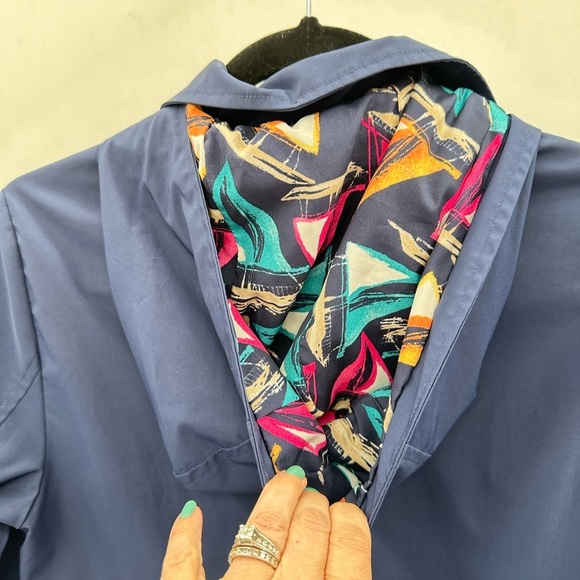 CHICOS Pleated blue-pink striped hem woman shabby chic hooded rain jacket 0-S - Picture 14 of 15